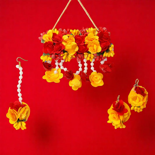 Yellow Red Handmade Floral Haldi-Mehendi Bridal Jewelry Set