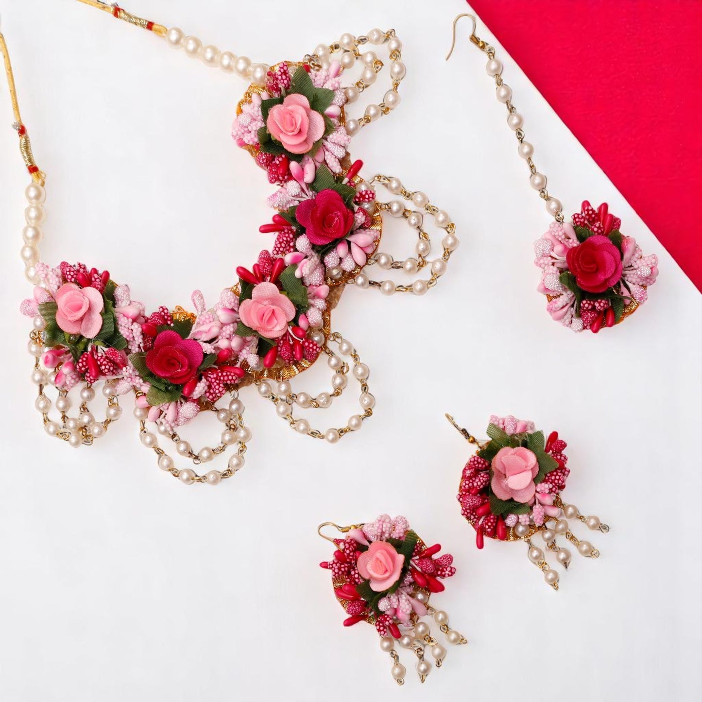 Dark-Light Pink Handmade Floral Haldi-Mehendi Bridal Jewelry Set