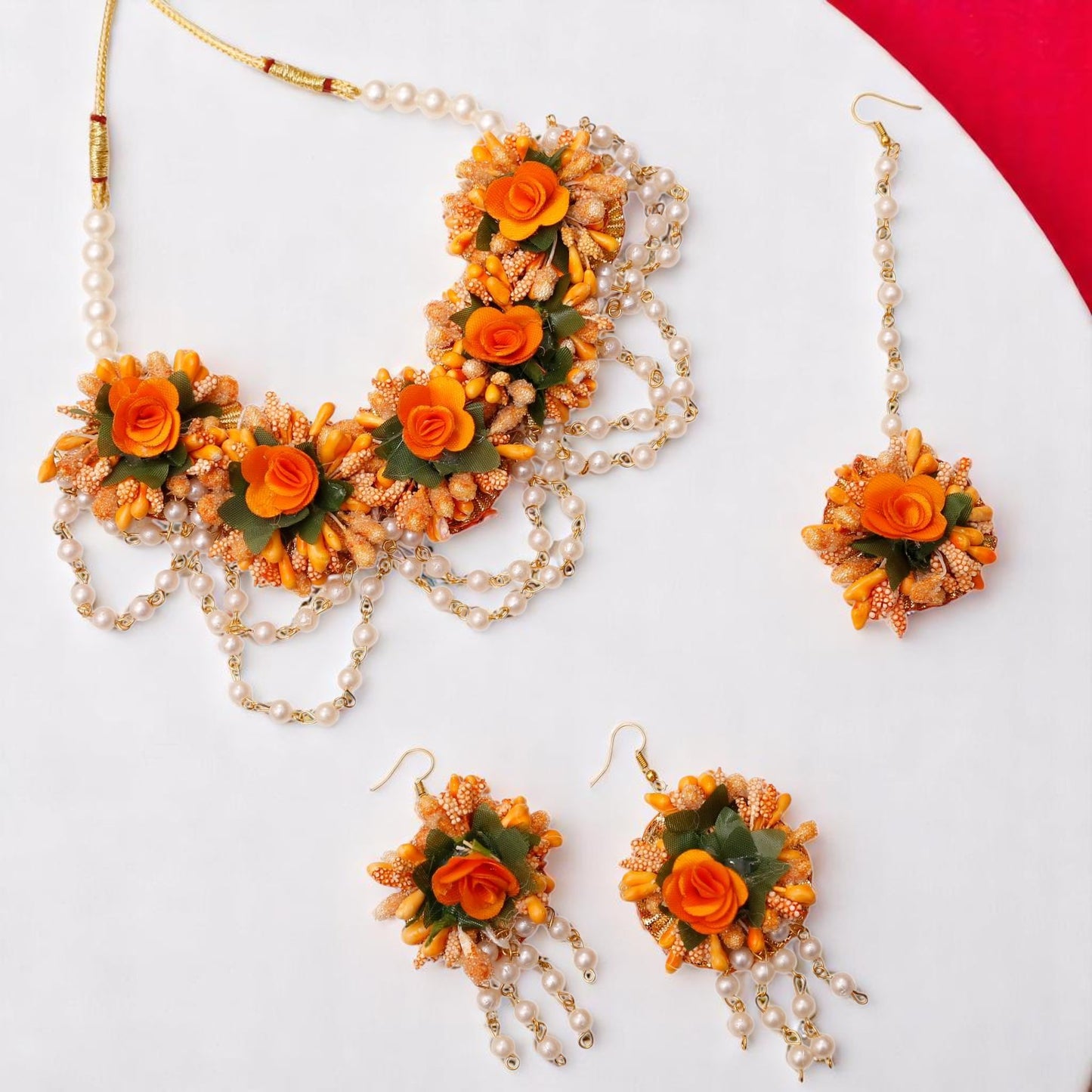 Orange Handmade Floral Haldi-Mehendi Bridal Jewelry Set