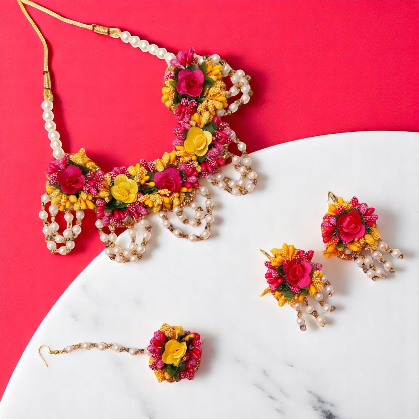 Pink and Yellow Handmade Floral Haldi-Mehendi Bridal Jewelry Set