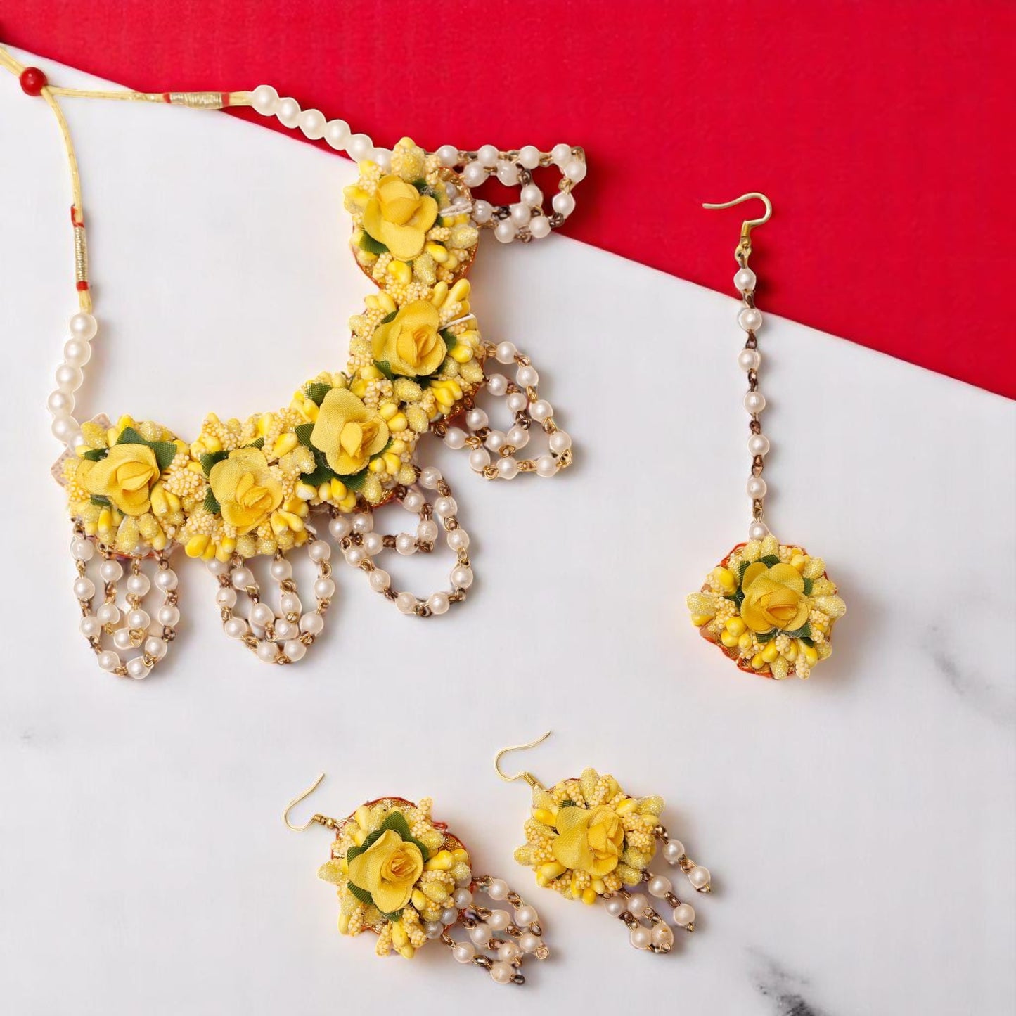 Lemon Yellow Handmade Floral Haldi-Mehendi Bridal Jewelry Set