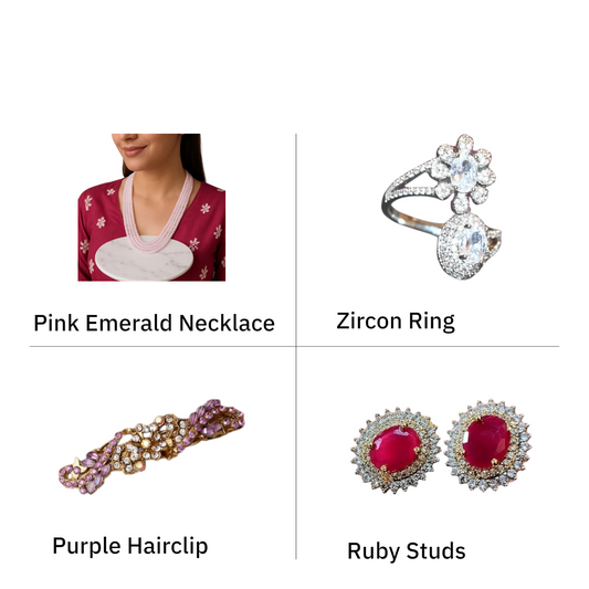 Combo - Zircon Ring, Ruby Studs, Pink Emerald Necklace, Purple hair clip