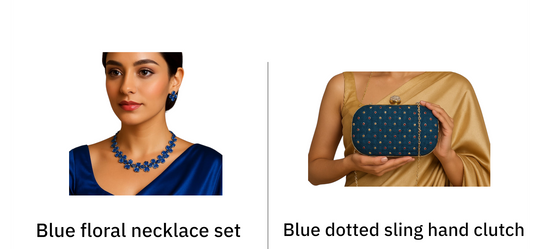 Blue floral necklace set with dotted blue hand clutch