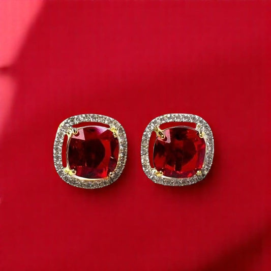 92.5 Silver Red Ruby Gemstone Zircon Studs