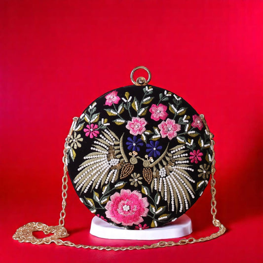Black and Pink Floral Embroidered Hand Clutch with Sling