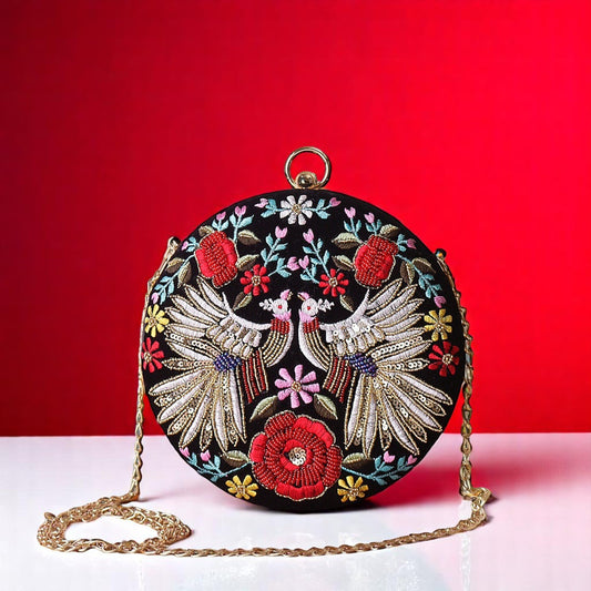 Red and Black Floral Embroidered Hand Clutch with Sling