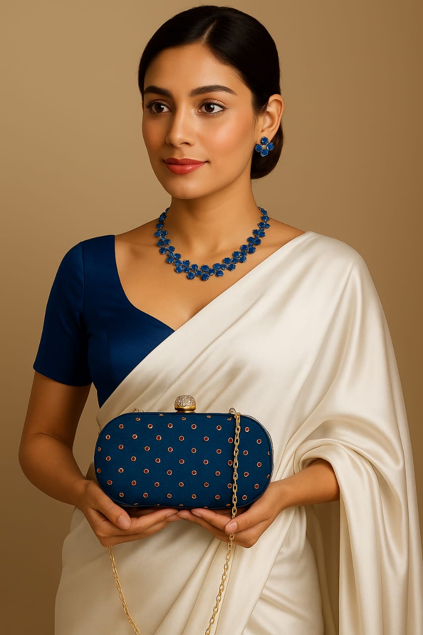 Blue floral necklace set with dotted blue hand clutch