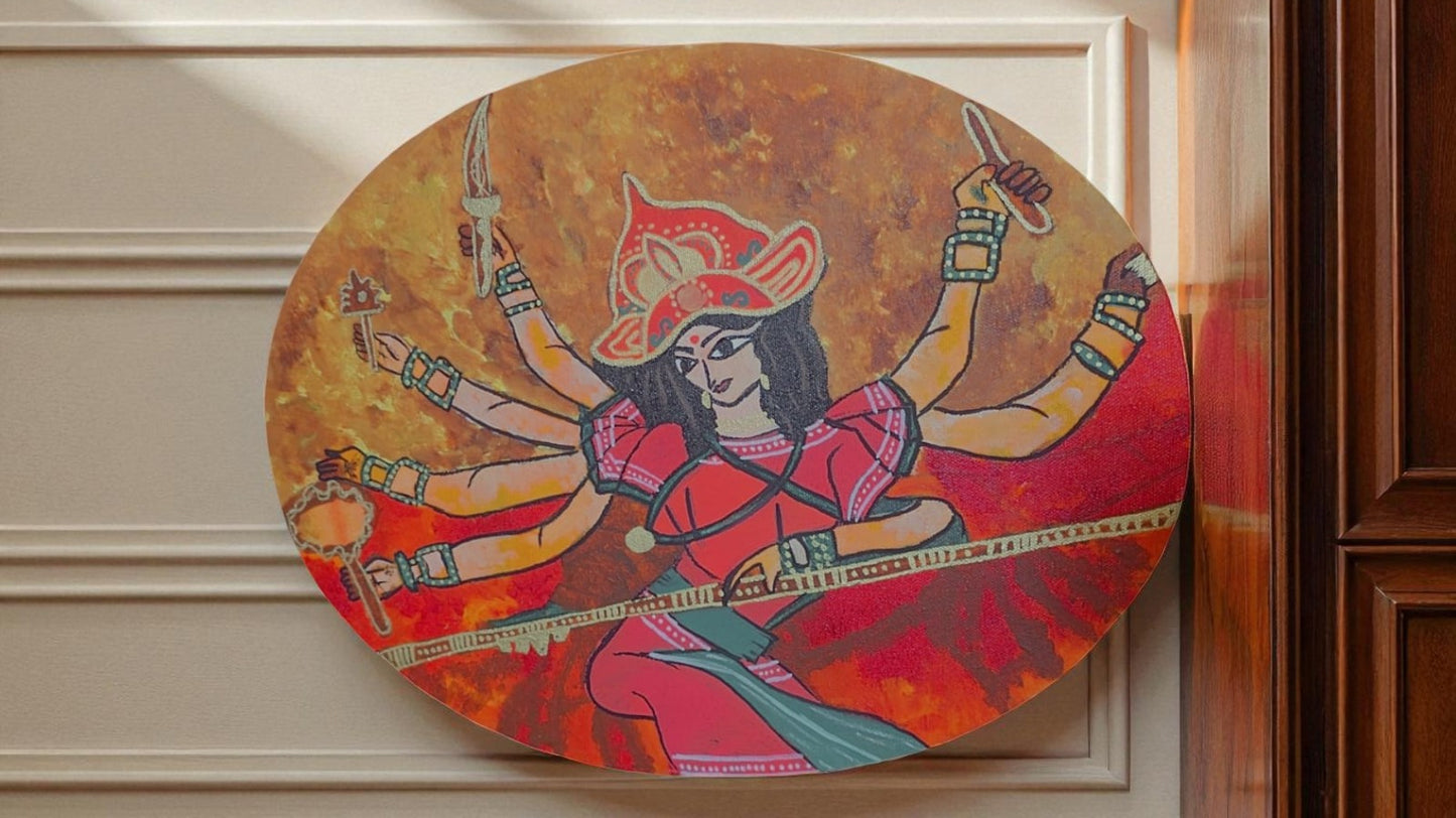 Maa Durga Oval Shape Acrylic Painting 16 X 12