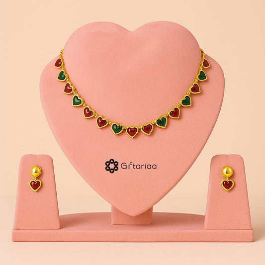 Gold plated ruby and panna heart necklace set