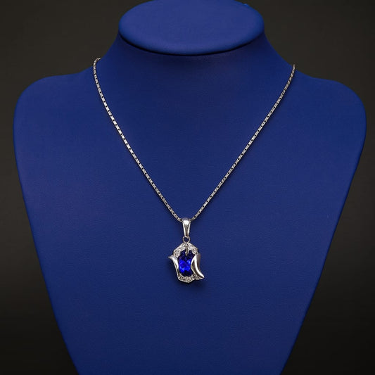 Blue Curve Crystal Pendant – Elegant Curved Teardrop Statement Necklace