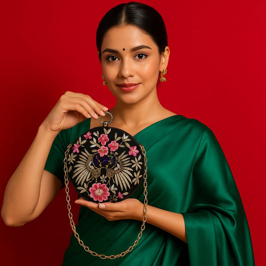 Black and Pink Floral Embroidered Hand Clutch with Sling