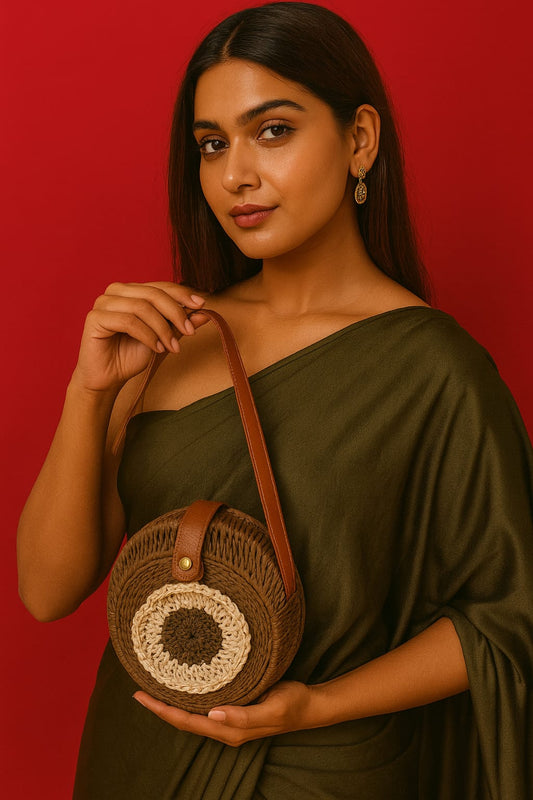Bamboo Off White Flower Round Sling Bag