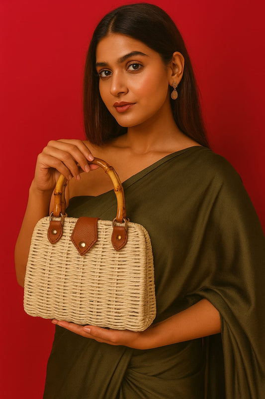 Bamboo Dark Beige Sling Bag with Wooden Handle