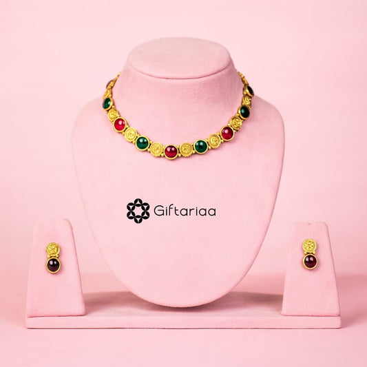 Gold plated ruby and panna round necklace set